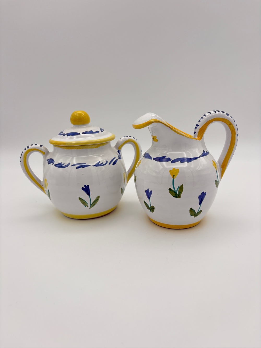 Printemps Italian Pottery Creamer and Sugar Bowl with Lid Hand Painted